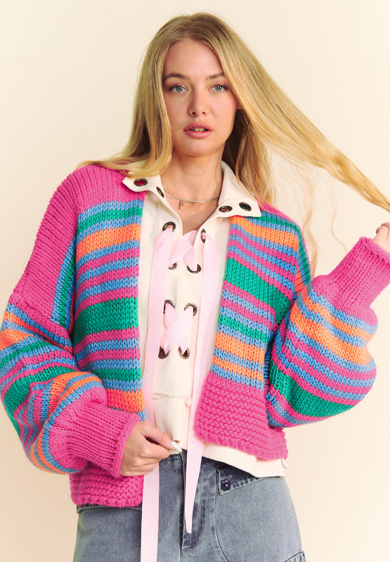 Contrast Striped Open Front Long Sleeve Cardigan-Angel Casuals