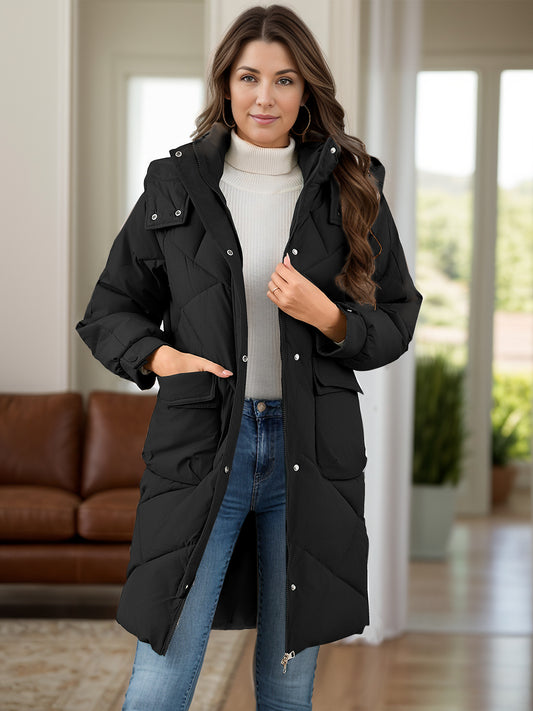 Long Sleeve Longline Hooded Winter Coat with Pockets-Angel Casuals