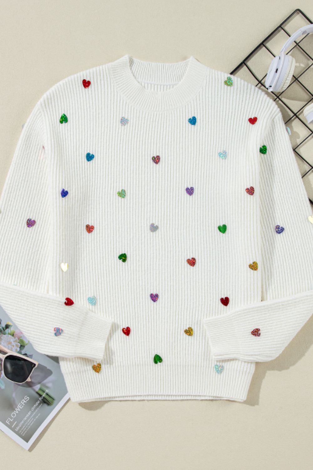 Heart Sequin Round Neck Long Sleeve Sweater-Angel Casuals