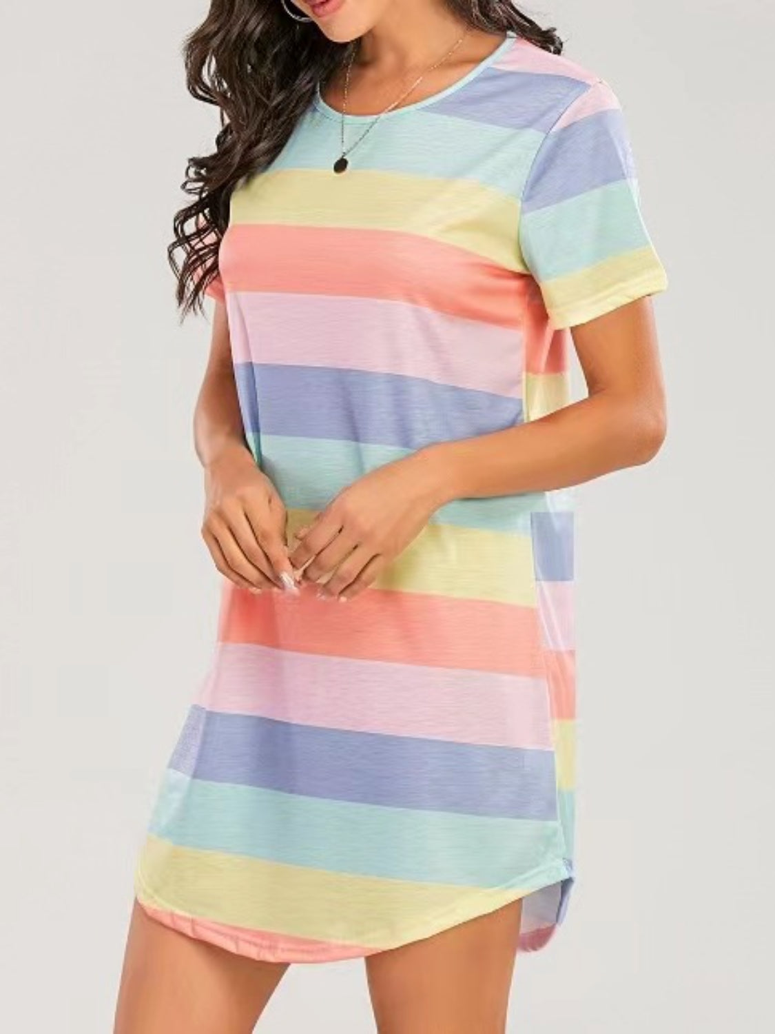 Striped Round Neck Short Sleeve Tee Dress-Angel Casuals