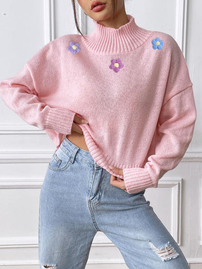 Flower Turtleneck Long Sleeve Sweater-Angel Casuals