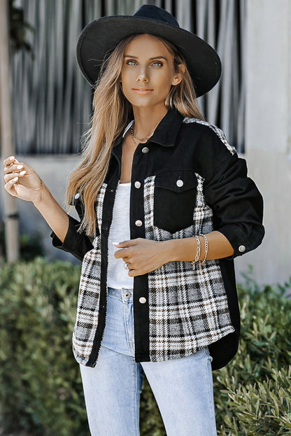 Plaid Pocketed Button Up Denim Jacket-Angel Casuals