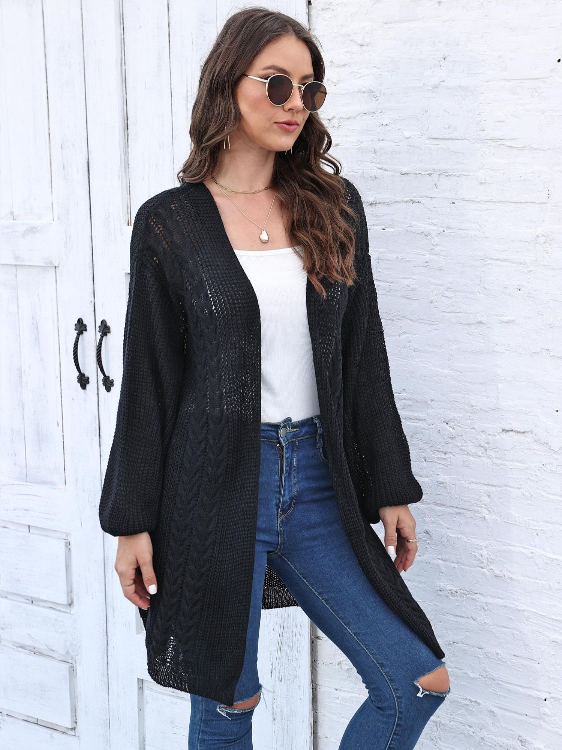 Cable-Knit Open Front Long Sleeve Cardigan-Angel Casuals
