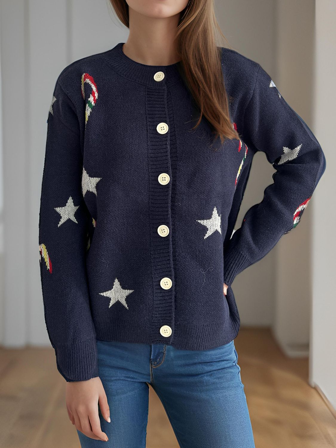 Candy Cane & Star Button Down Long Sleeve Cardigan-Angel Casuals