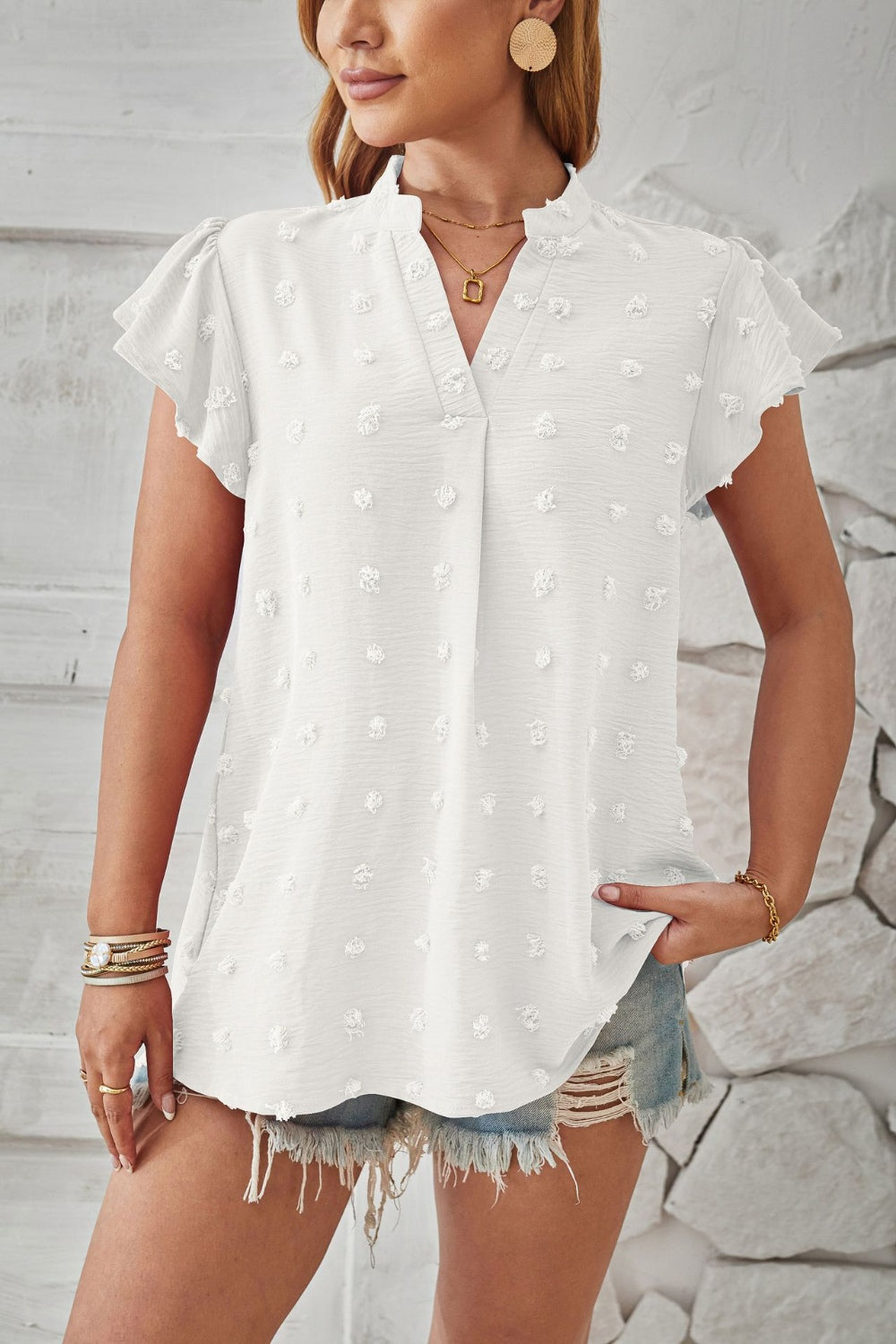 Swiss Dot Notched Cap Sleeve T-Shirt-Angel Casuals