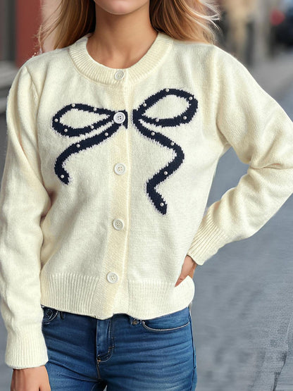 Bow Button Down Round Neck Cardigan-Angel Casuals