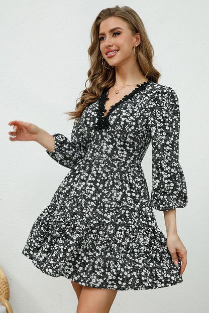 Printed Plunge Neck Flounce Sleeve Mini Dress-Angel Casuals