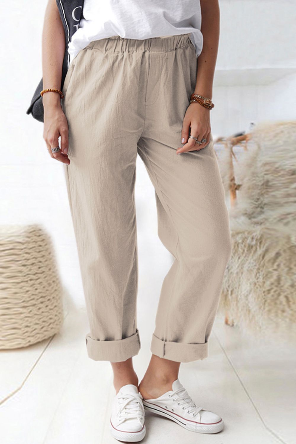 Paperbag Waist Pull-On Pants with Pockets-Angel Casuals