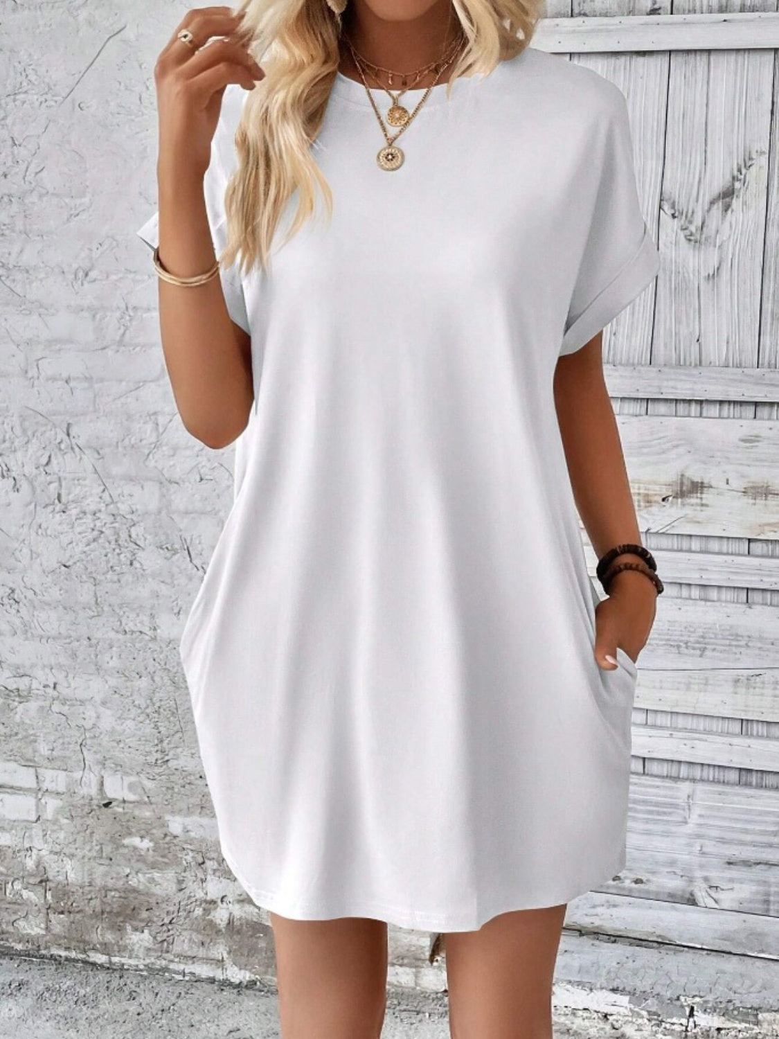 Pocketed Round Neck Short Sleeve Dress-Angel Casuals