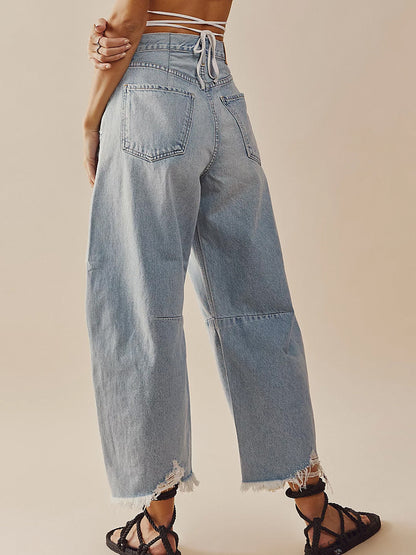 Raw Hem Wide Leg Jeans with Pockets-Angel Casuals