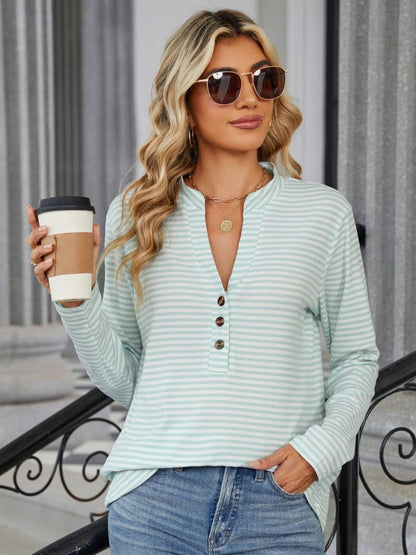 Striped Notched Long Sleeve T-Shirt-Angel Casuals