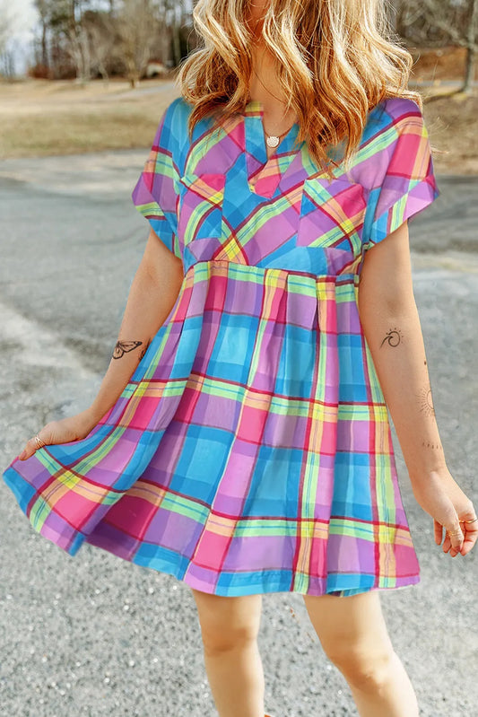 Plaid Notched Short Sleeve Mini Dress-Angel Casuals