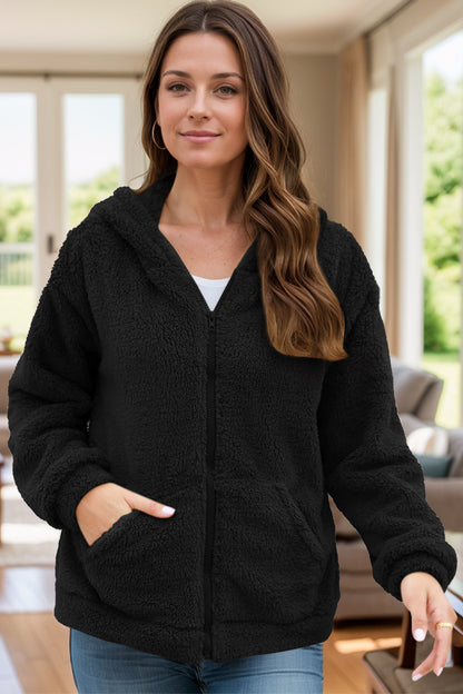 Zip Up Long Sleeve Fuzzy Hooded Outerwear-Angel Casuals