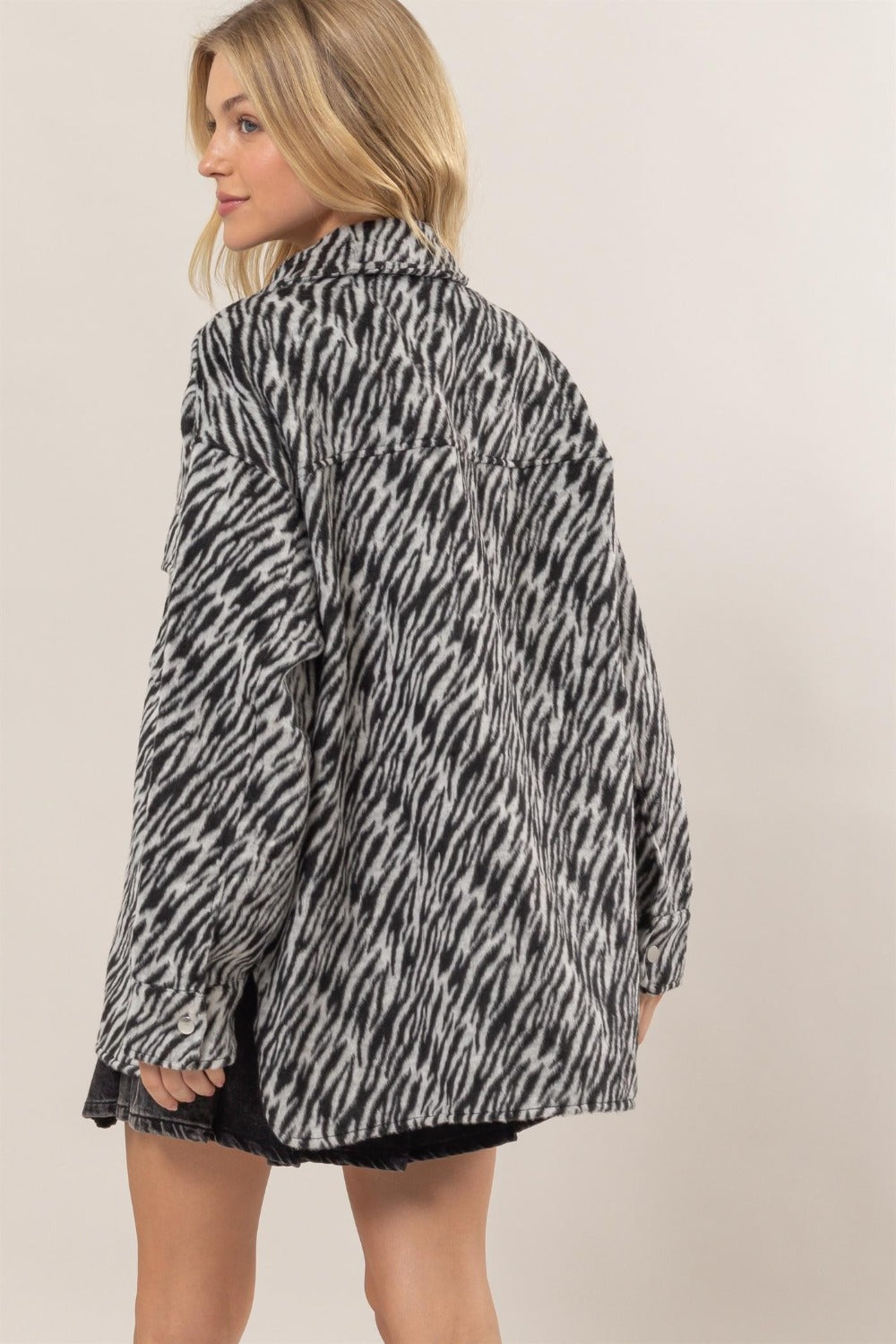 HYFVE Zebra Print Snap Down Long Sleeve Shacket-Angel Casuals