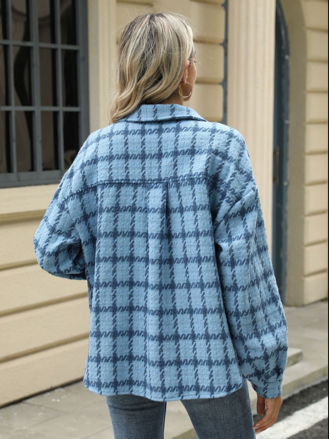 Plaid Collared Neck Long Sleeve Jacket-Angel Casuals