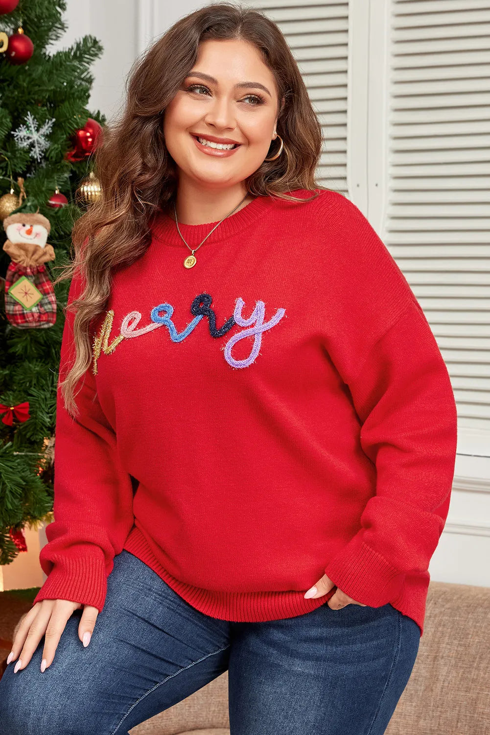 Plus Size MERRY Round Neck Long Sleeve Sweater-Angel Casuals