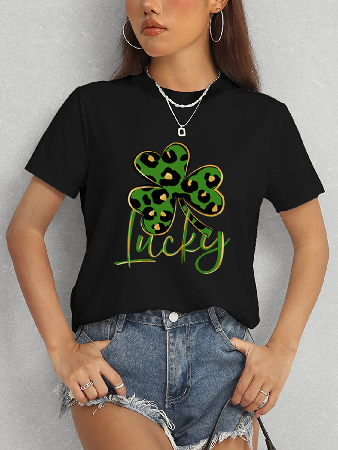 Lucky Clover Round Neck Short Sleeve T-Shirt-Angel Casuals