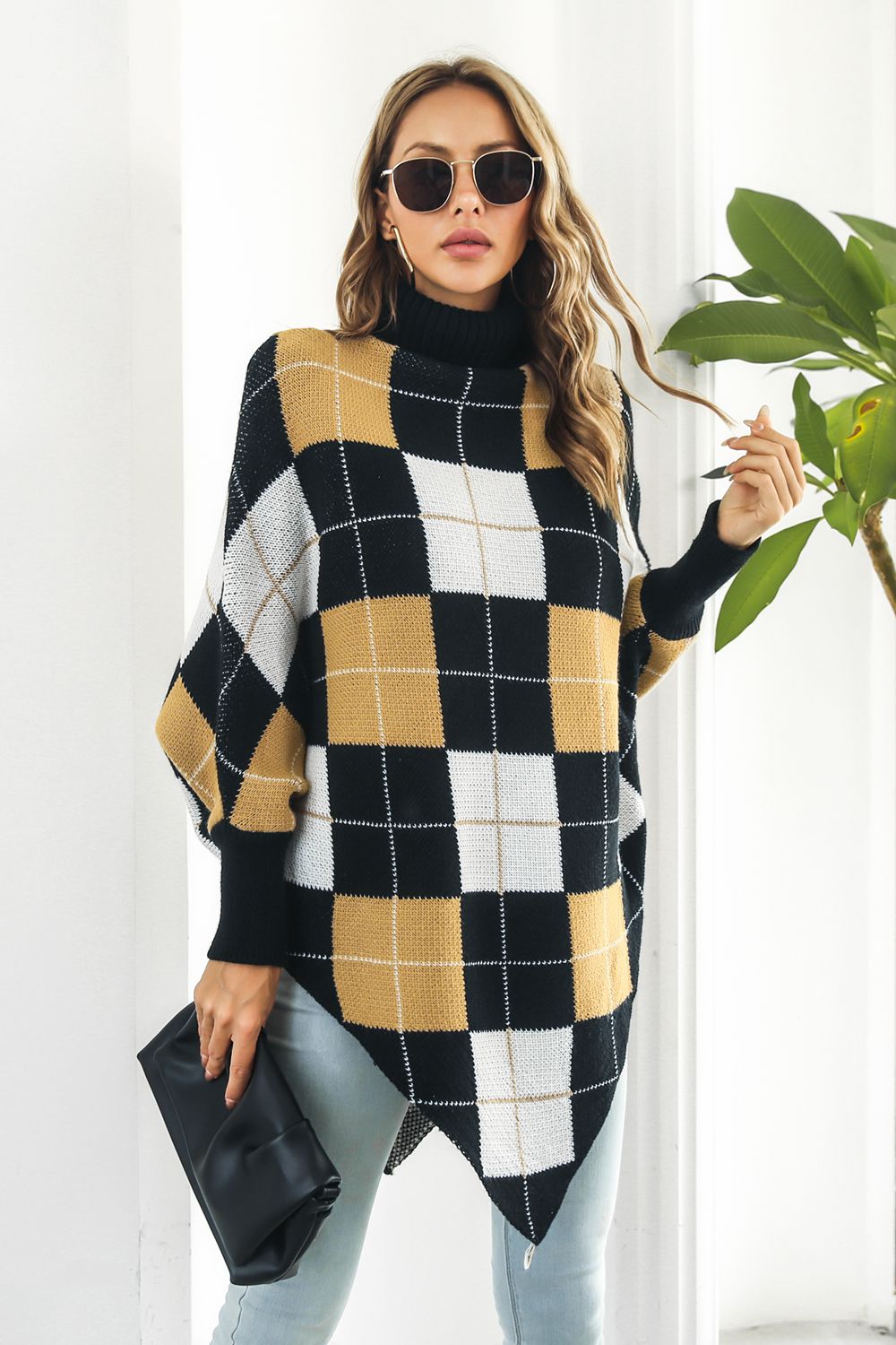 Plaid Turtleneck Dolman Sleeve Poncho-Angel Casuals