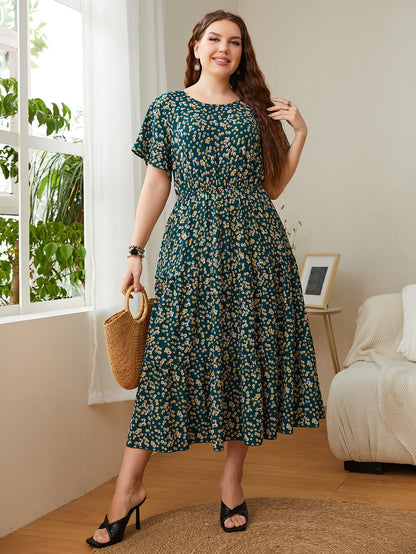 Plus Size Floral Round Neck Short Sleeve Midi Dress-Angel Casuals