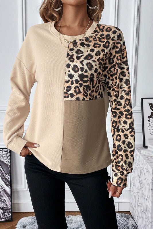 Leopard Waffle Knit Long Sleeve T-Shirt-Angel Casuals