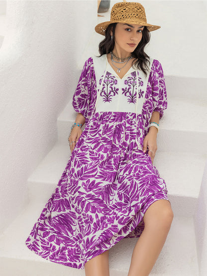 Printed Tie Neck Midi Dress-Angel Casuals