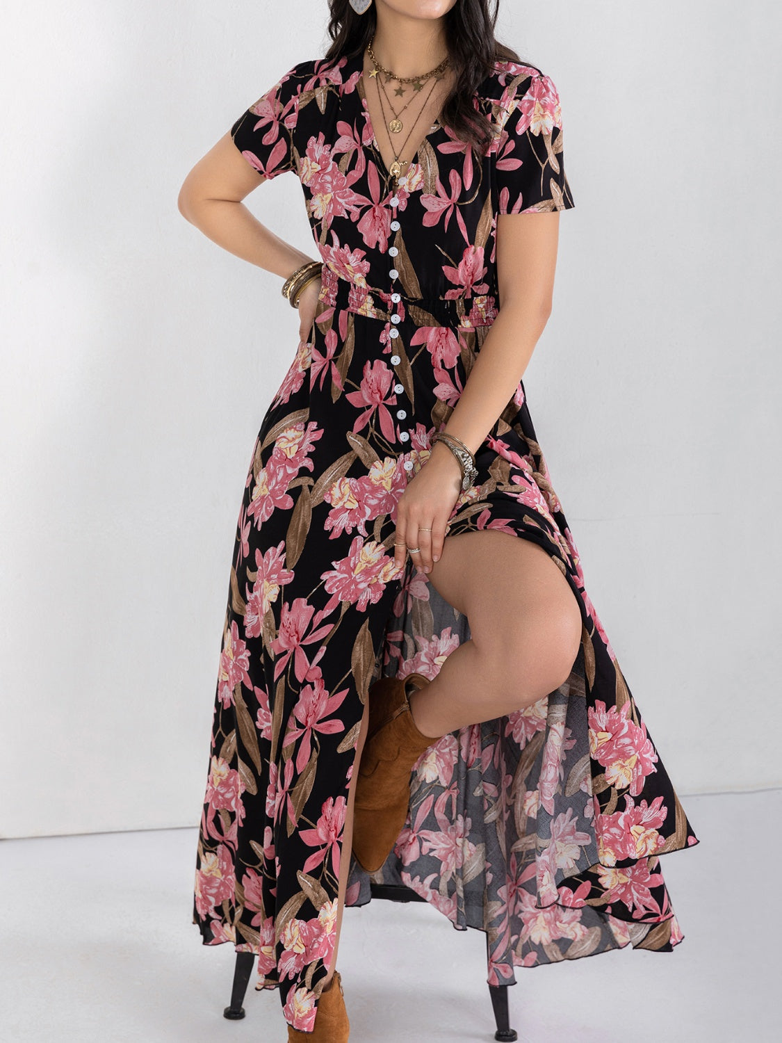 Floral V-Neck Slit Dress-Angel Casuals