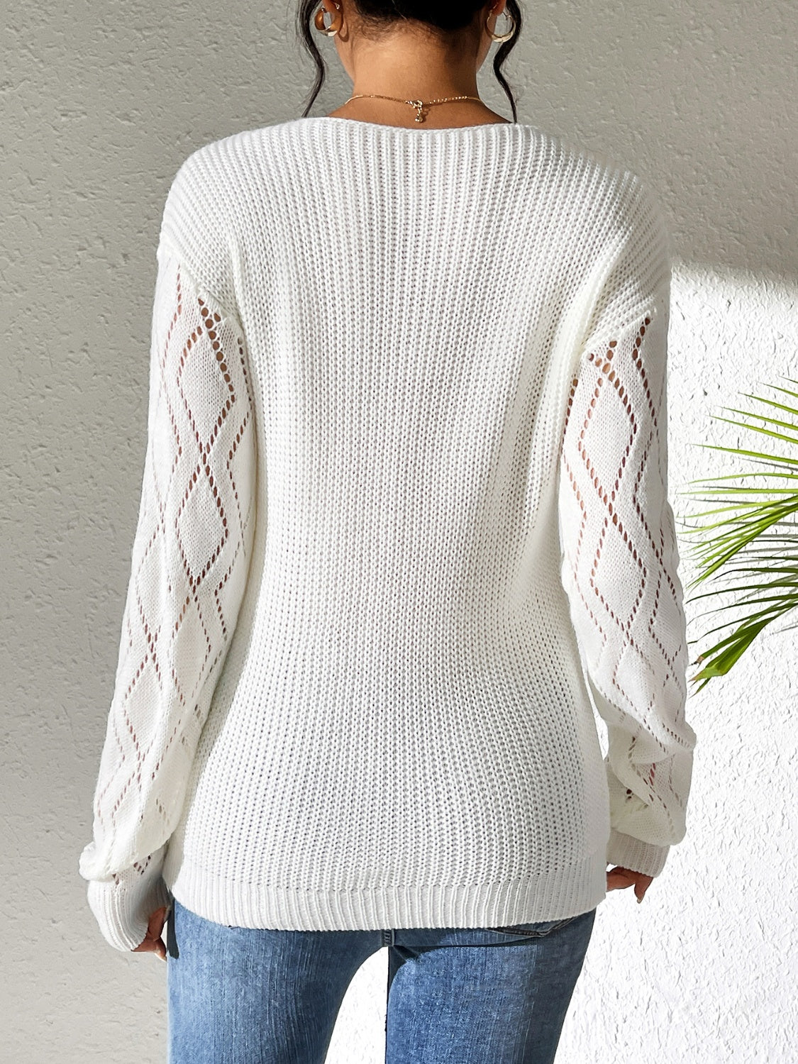 Openwork V-Neck Long Sleeve Sweater-Angel Casuals