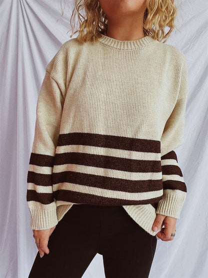 Striped Dropped Shoulder Long Sleeve Sweater-Angel Casuals