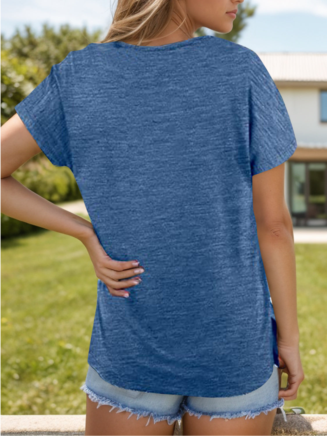 Pocketed Heathered V-Neck Short Sleeve T-Shirt-Angel Casuals