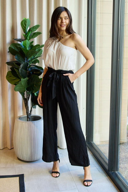 Dress Day Marvelous in Manhattan One-Shoulder Jumpsuit in White/Black-Angel Casuals