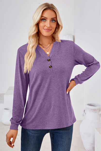 Notched Button Detail Long Sleeve T-Shirt-Angel Casuals