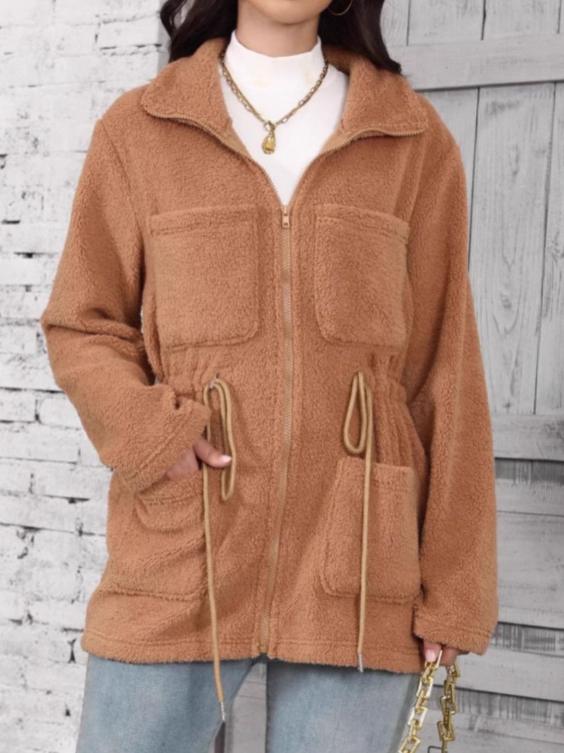 Drawstring Zip Up Long Sleeve Outerwear-Angel Casuals