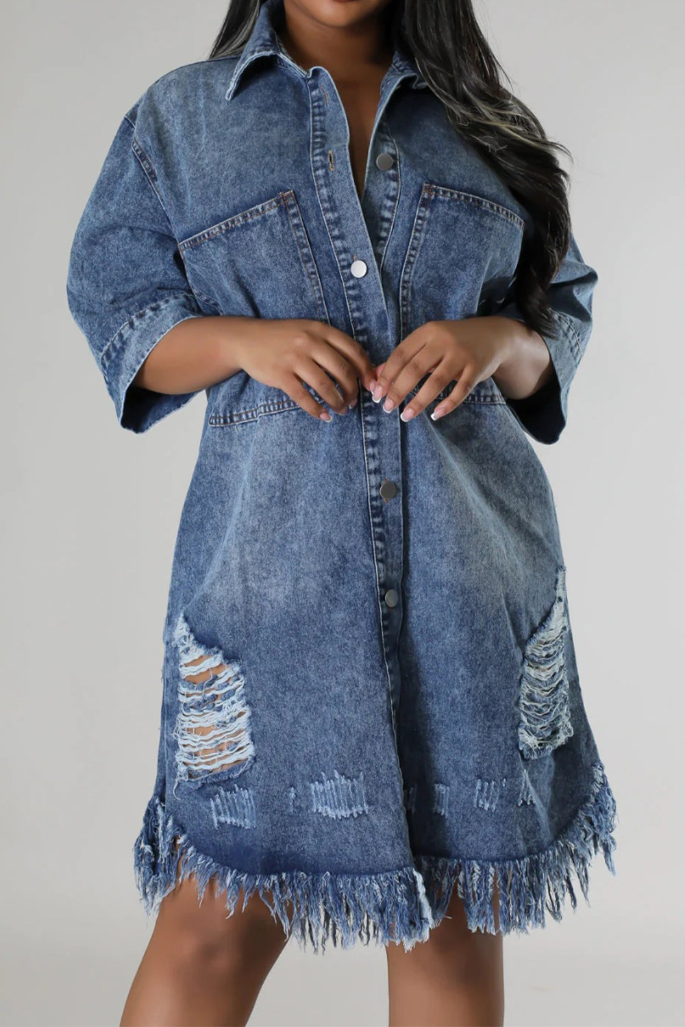 Distressed Raw Hem Button Up Denim Dress-Angel Casuals