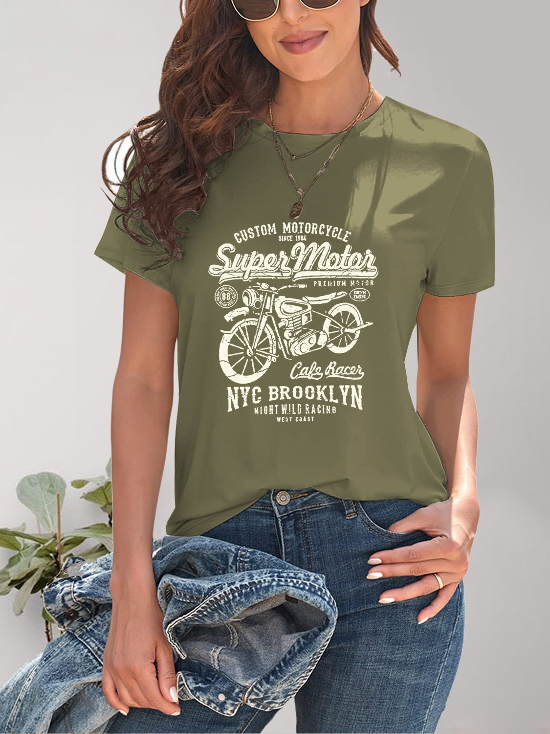 Motorcycle Graphic Round Neck T-Shirt-Angel Casuals