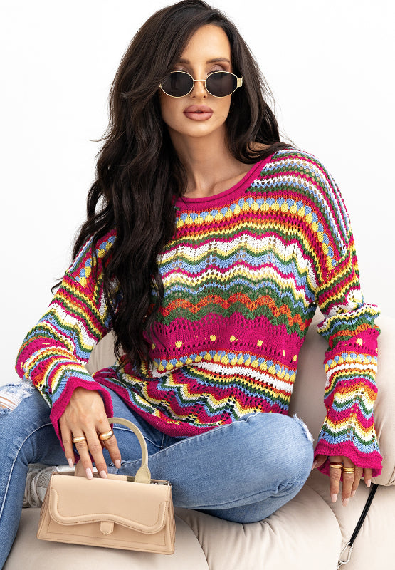 Openwork Contrast Round Neck Flare Sleeve Knit Top-Angel Casuals