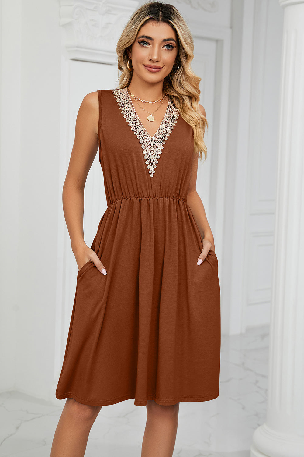 Pocketed V-Neck Wide Strap Dress-Angel Casuals