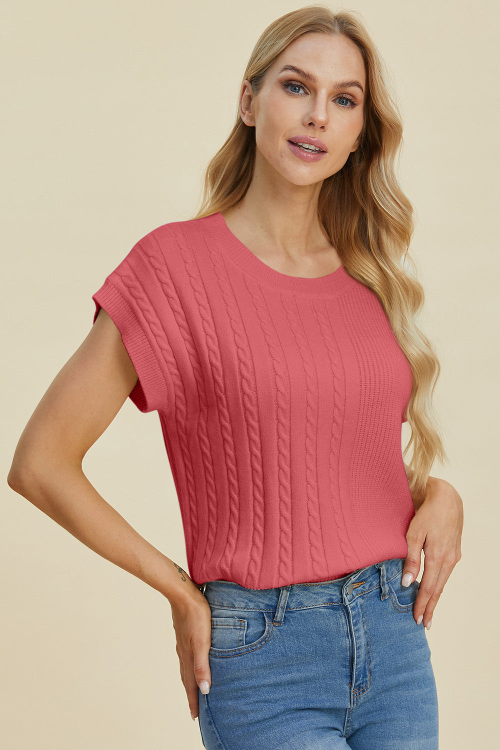 Double Take Full Size Cable-Knit Round Neck Short Sleeve Sweater-Angel Casuals