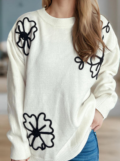 Flower Round Neck Long Sleeve Sweater-Angel Casuals