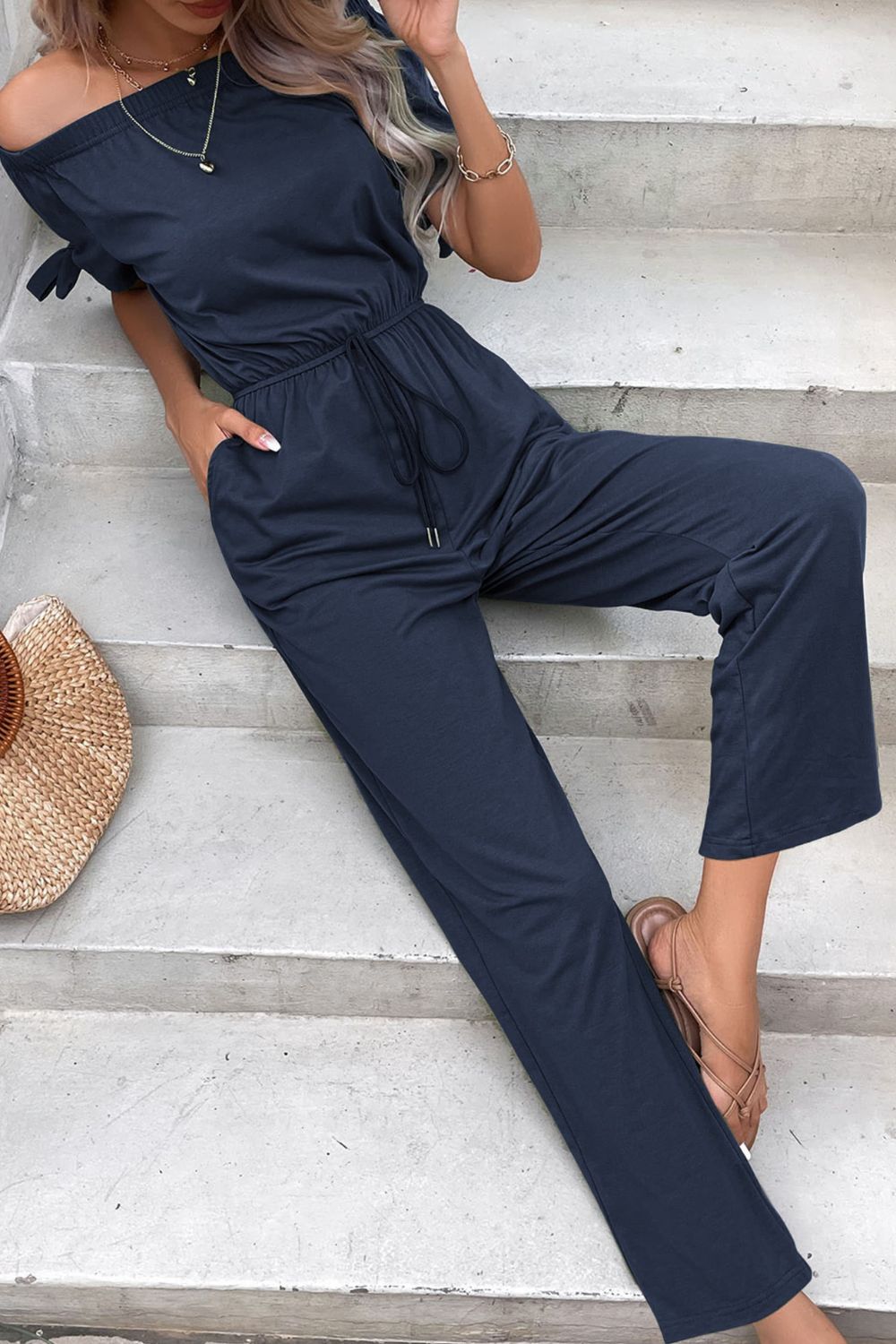 Off-Shoulder Tie Cuff Jumpsuit with Pockets-Angel Casuals