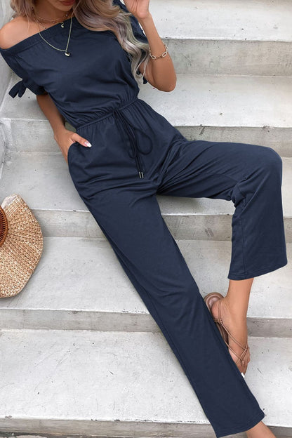 Off-Shoulder Tie Cuff Jumpsuit with Pockets-Angel Casuals