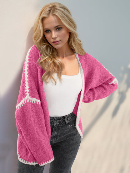 Double Take Contrast Open Front Dropped Shoulder Cardigan-Angel Casuals