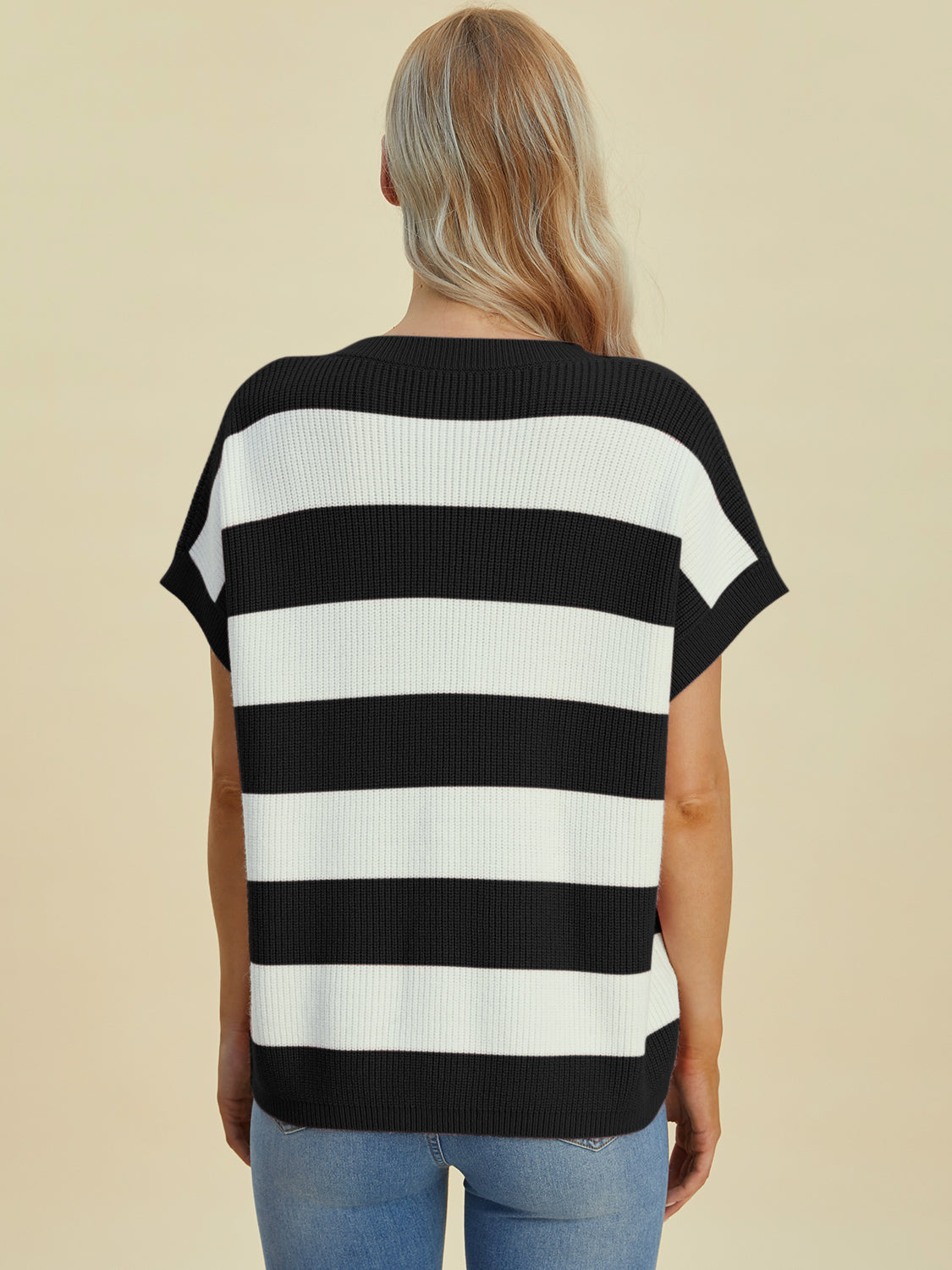 Double Take Full Size Striped V-Neck Short Sleeve Sweater-Angel Casuals