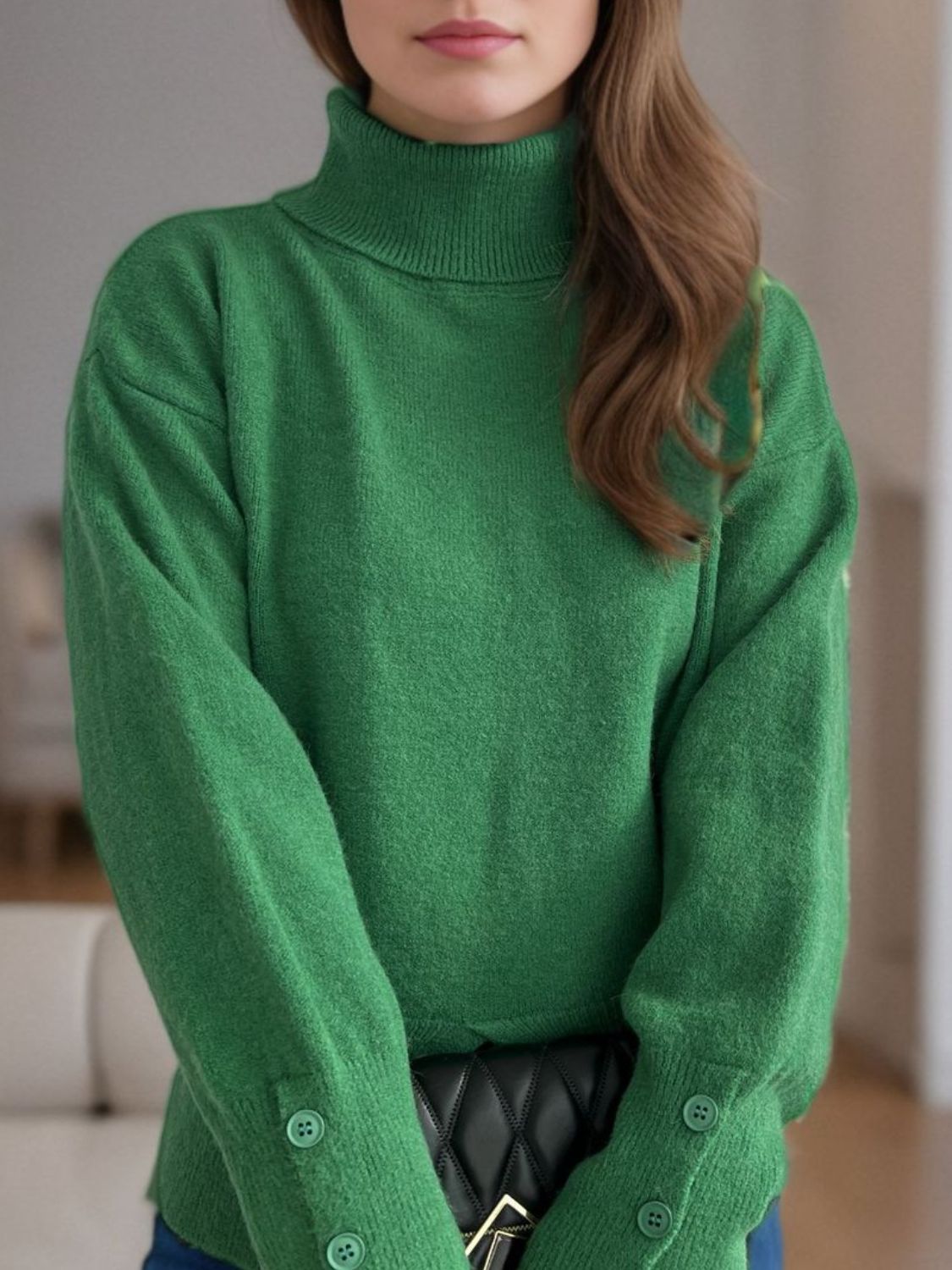 Front Slit Decorative Button Turtleneck Sweater-Angel Casuals