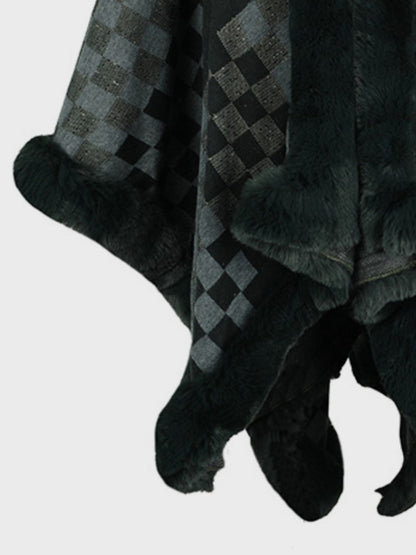Fuzzy Checkered Long Sleeve Poncho-Angel Casuals