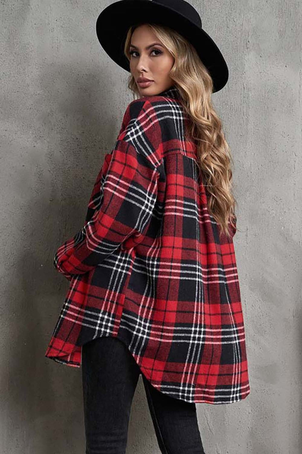 Plaid Collared Neck Button Up Jacket with Pockets-Angel Casuals
