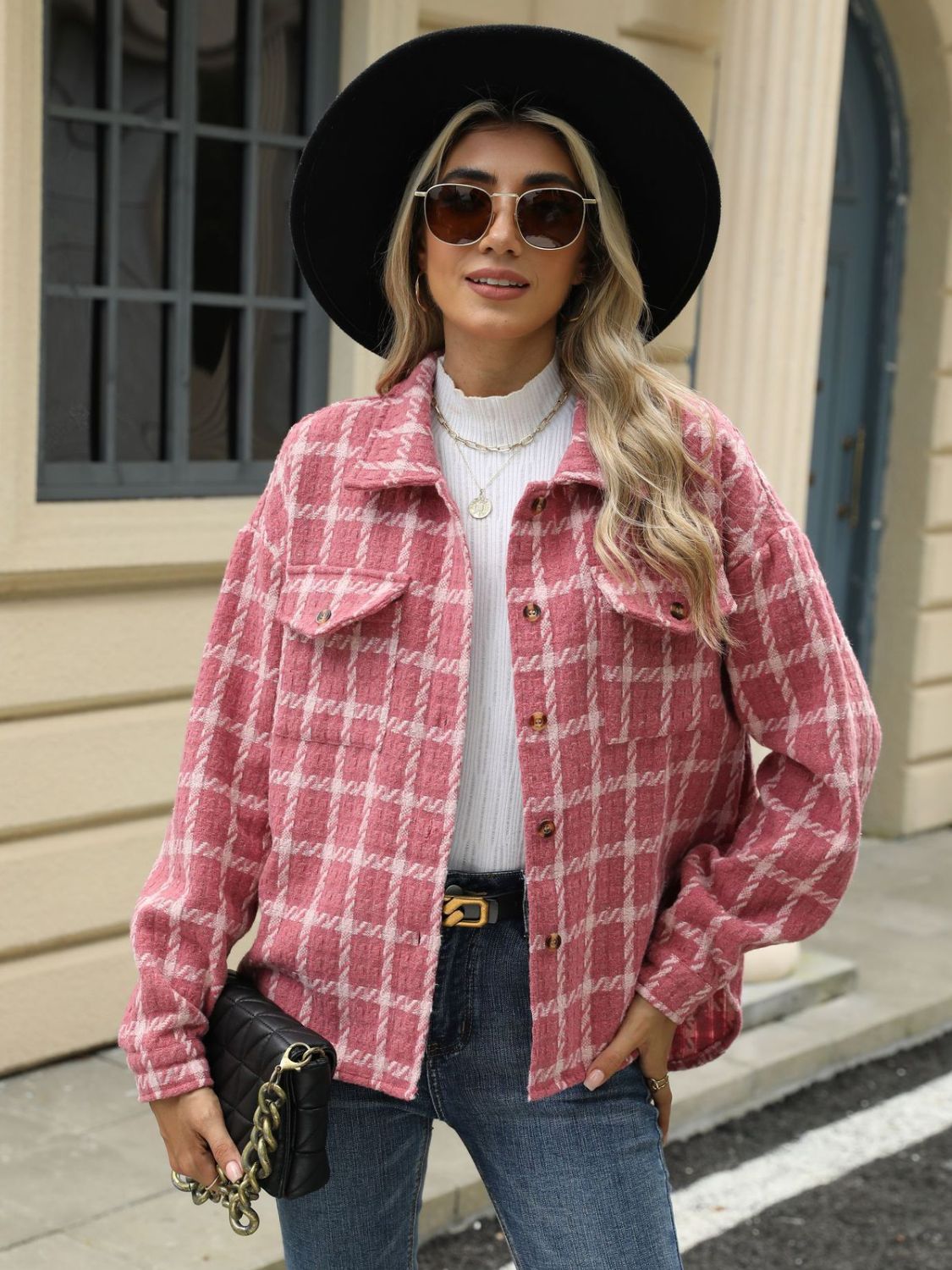 Plaid Collared Neck Long Sleeve Jacket-Angel Casuals