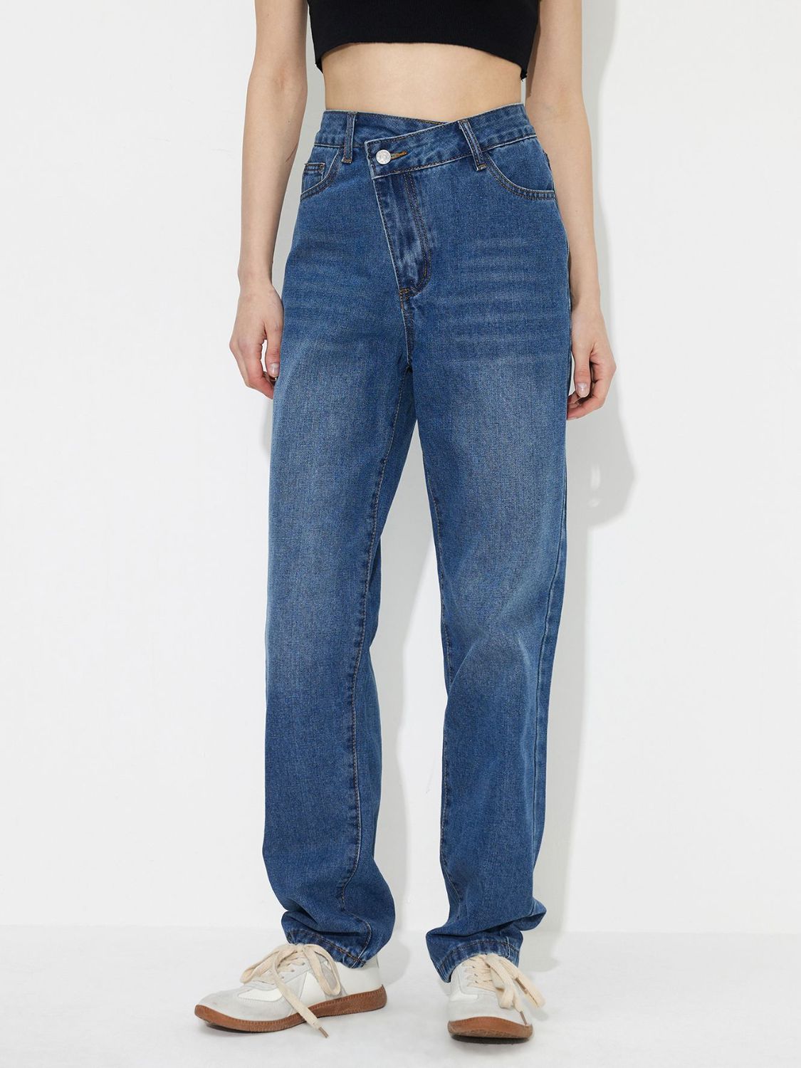 Asymmetric Waist Jeans with Pockets-Angel Casuals