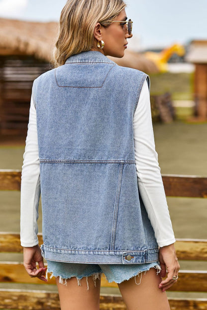 Sleeveless Collared Neck Denim Top with Pockets-Angel Casuals