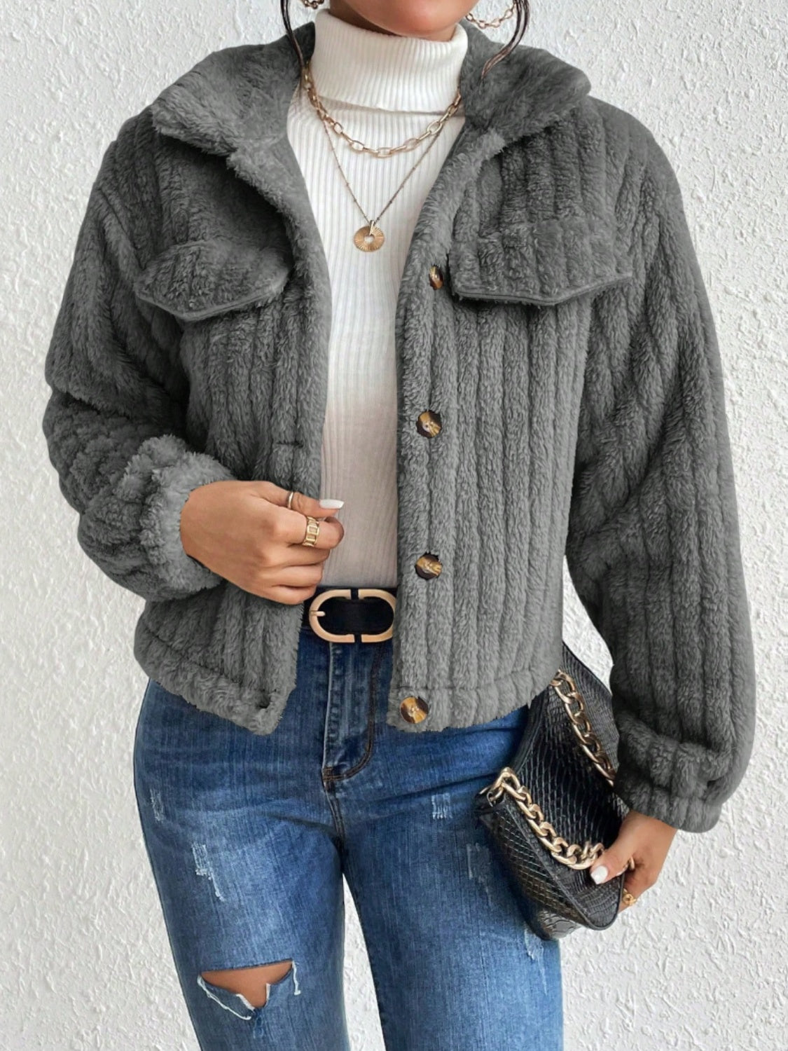 Fuzzy Button Up Collared Neck Jacket-Angel Casuals