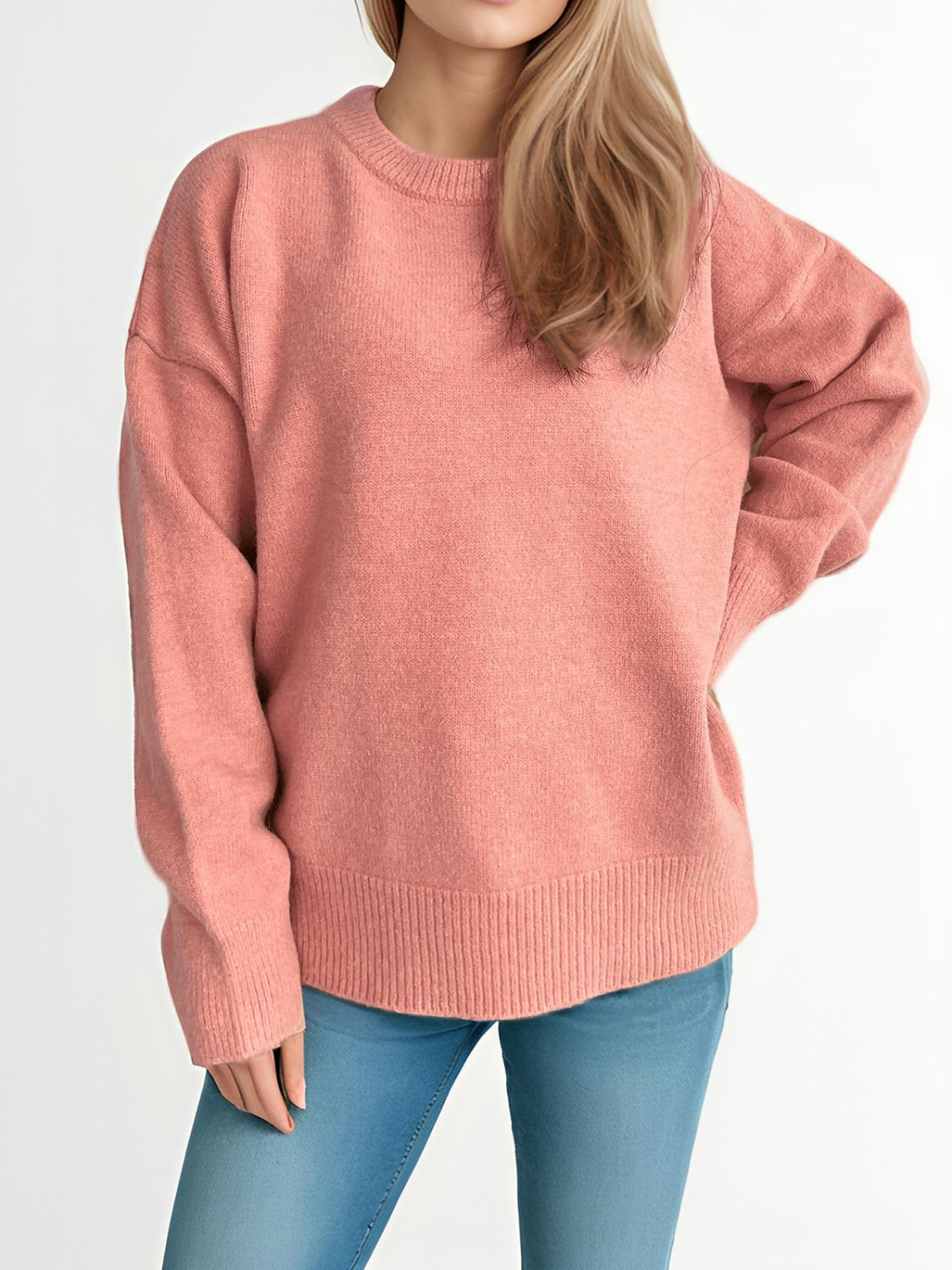 Round Neck Dropped Shoulder Long Sleeve Sweater-Angel Casuals